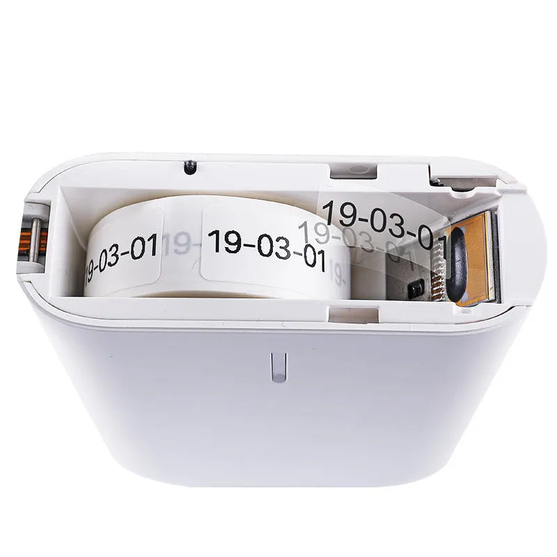 Handheld Bluetooth thermal label printer with label roll inserted, compact 130x75x28mm size