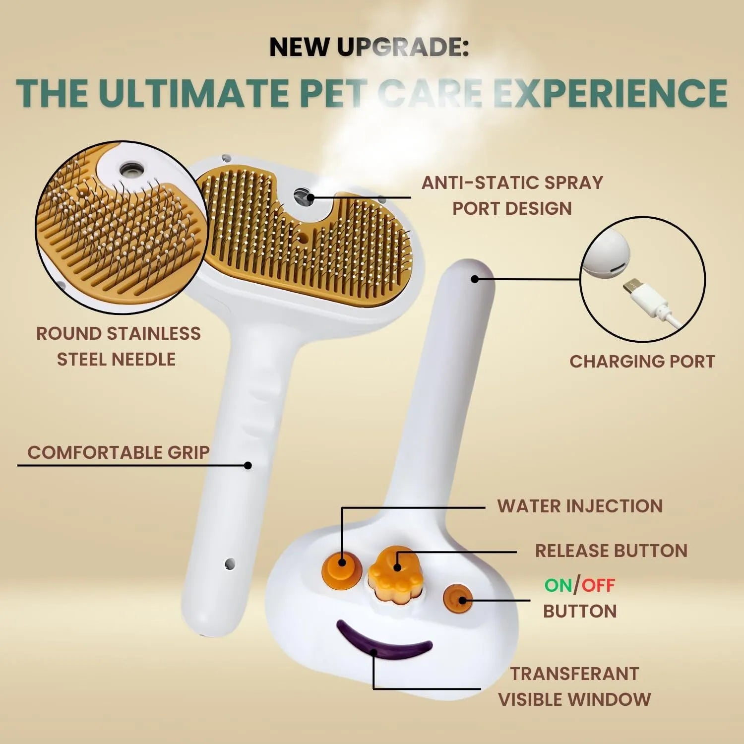 White pet grooming brush with steam spray function and self-cleaning feature for dogs and cats