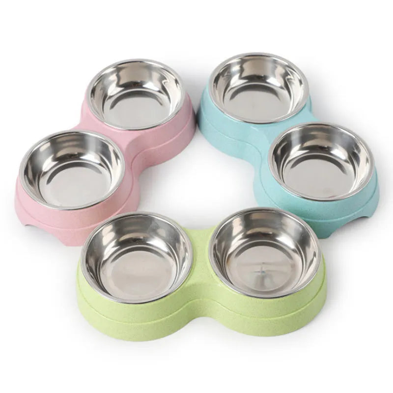 Stainless steel rice bowl for pets with blue straw plastic non-slip base, 24.5 cm size