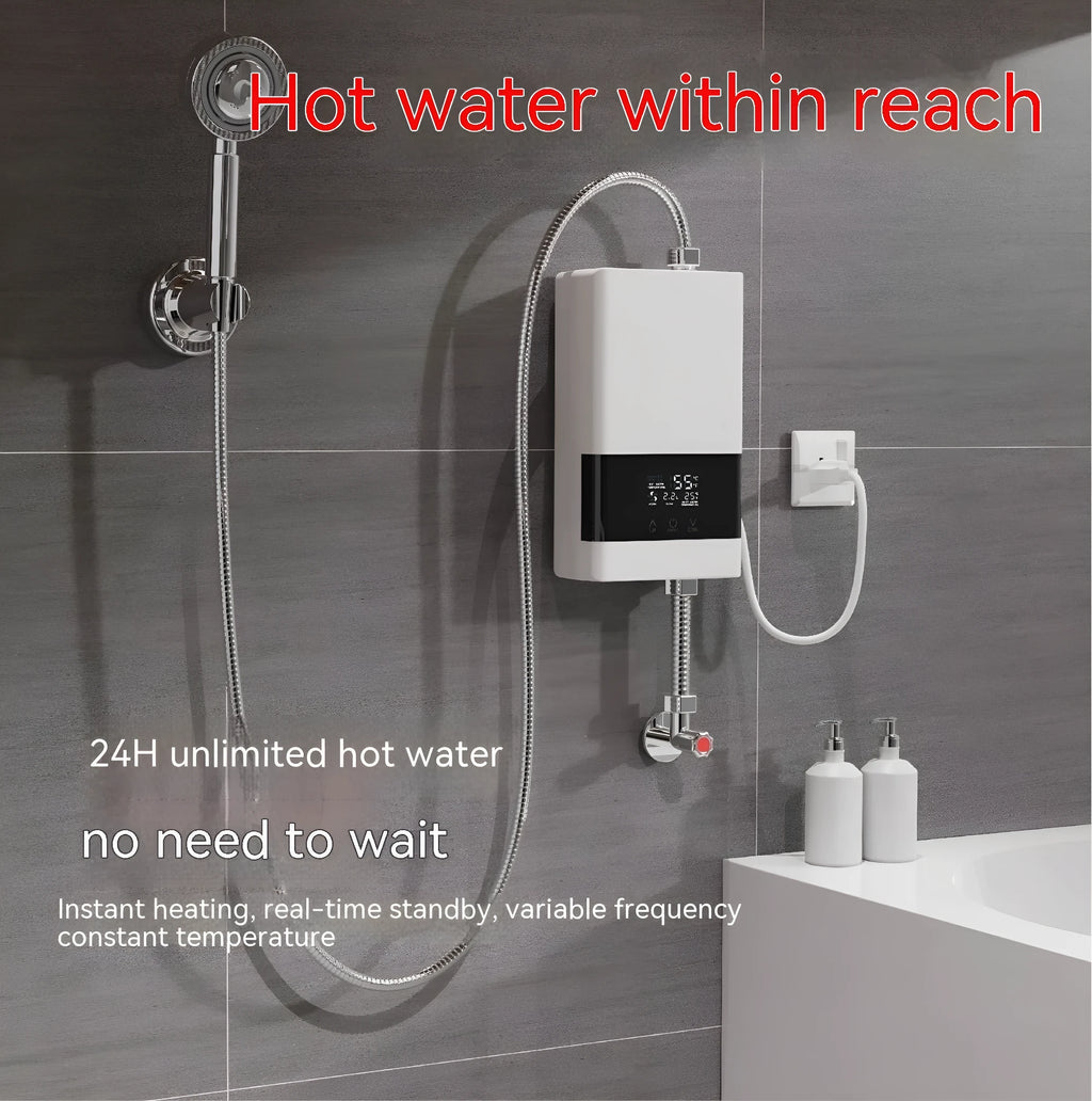Portable instant electric water heater unit with LED touch screen display in gold, silver, or white finish.
