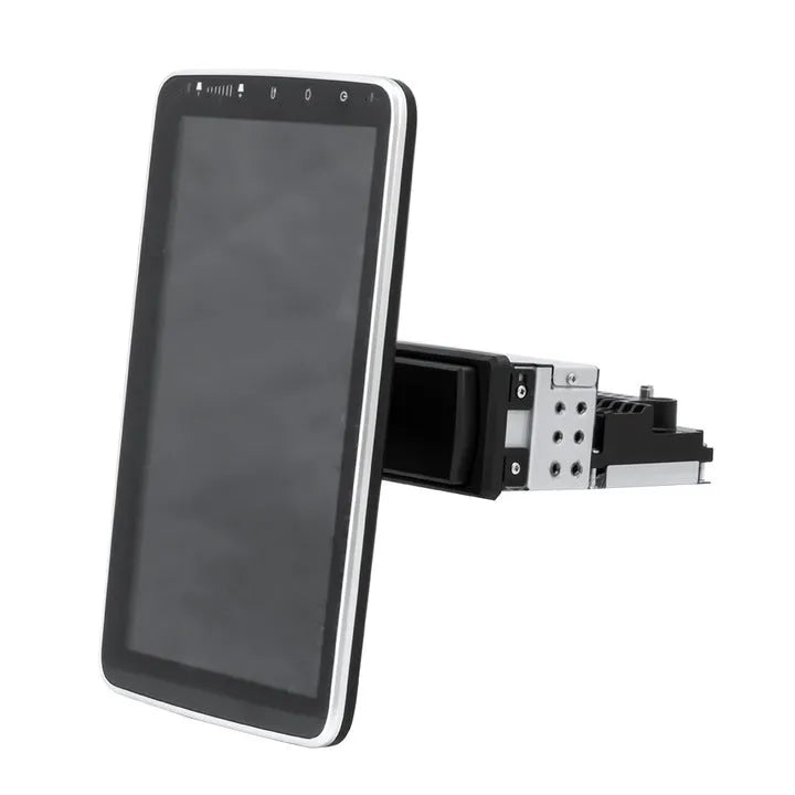 10.1 inch Android car stereo with rotating LED screen, Bluetooth control, and 1024x600 resolution.