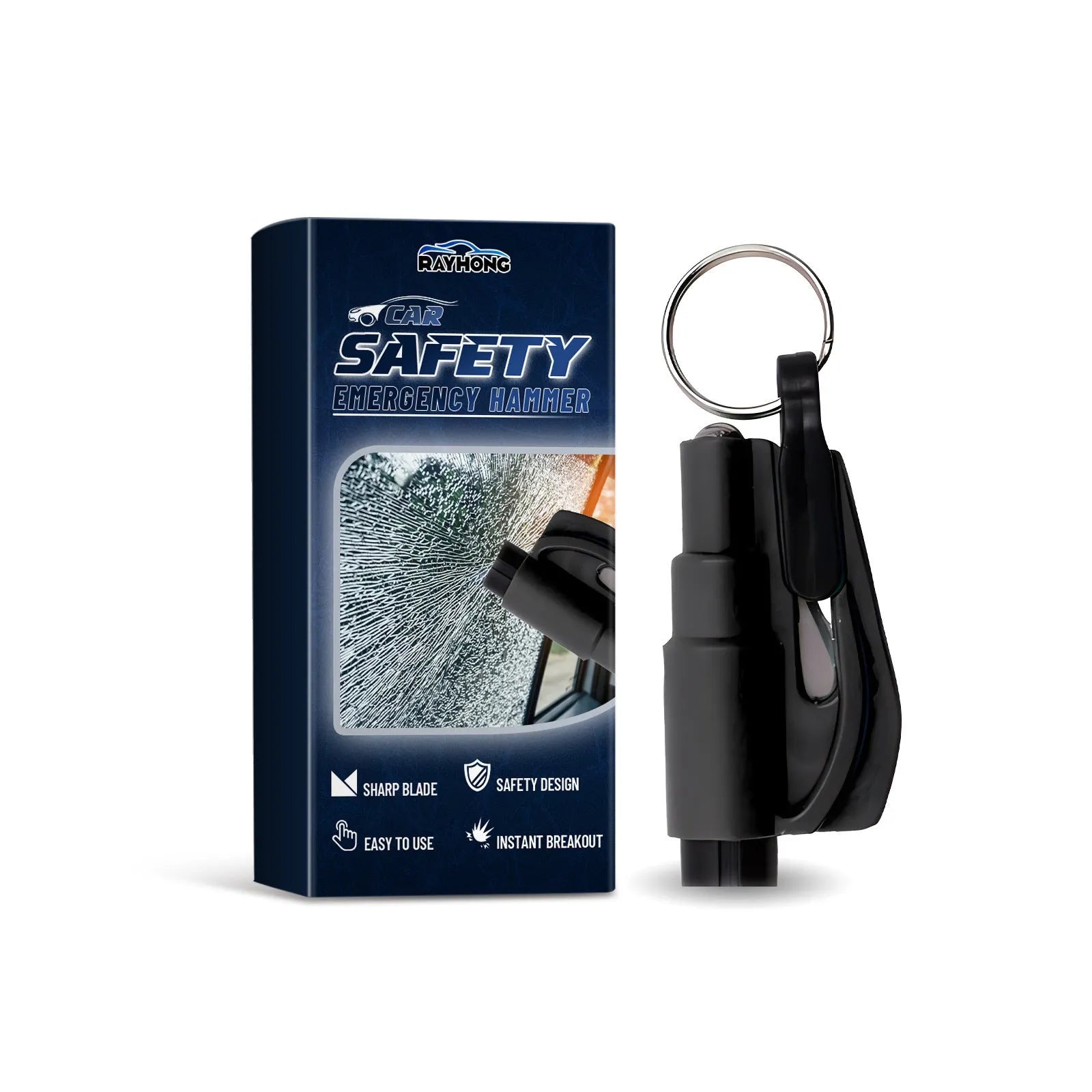 Compact car emergency glass breaking hammer with integrated seatbelt cutter measuring 3.5 x 7.5 cm