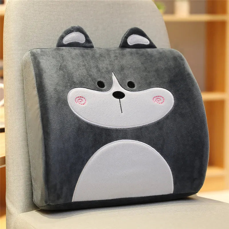 Cartoon embroidered memory foam cushion for car seat, showing removable inner core and soft polyester fill.