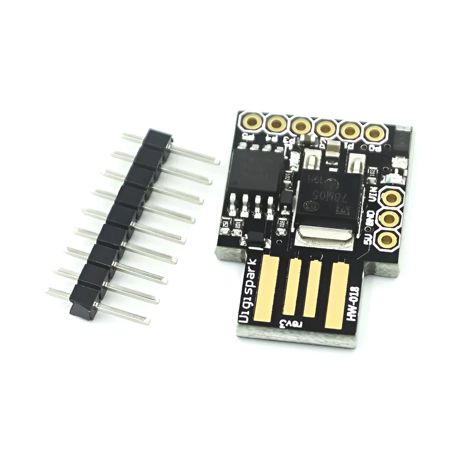 Black Micro USB Development Board with USB port, power LED, and 6 I/O pins on a green PCB