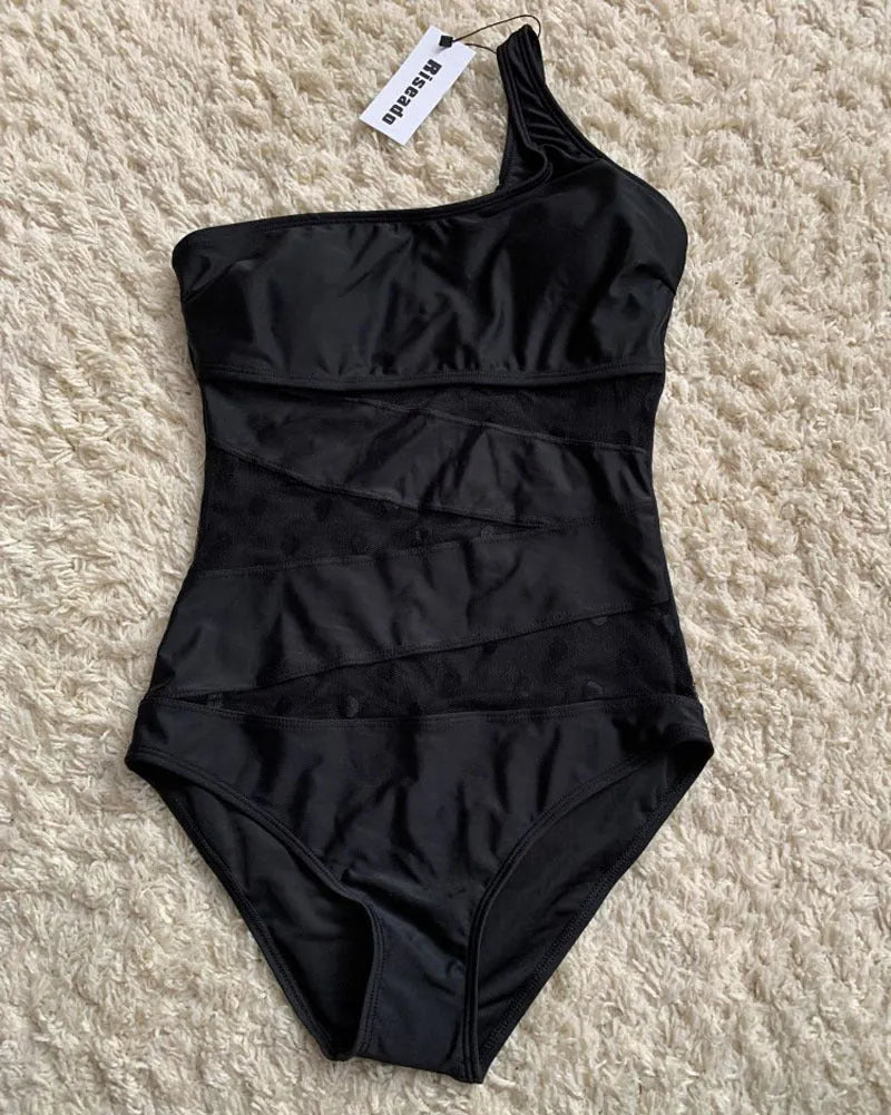 Women's one-shoulder mesh one-piece swimsuit in solid colour, nylon fabric, available in Black Green Silver sizes S to XXL