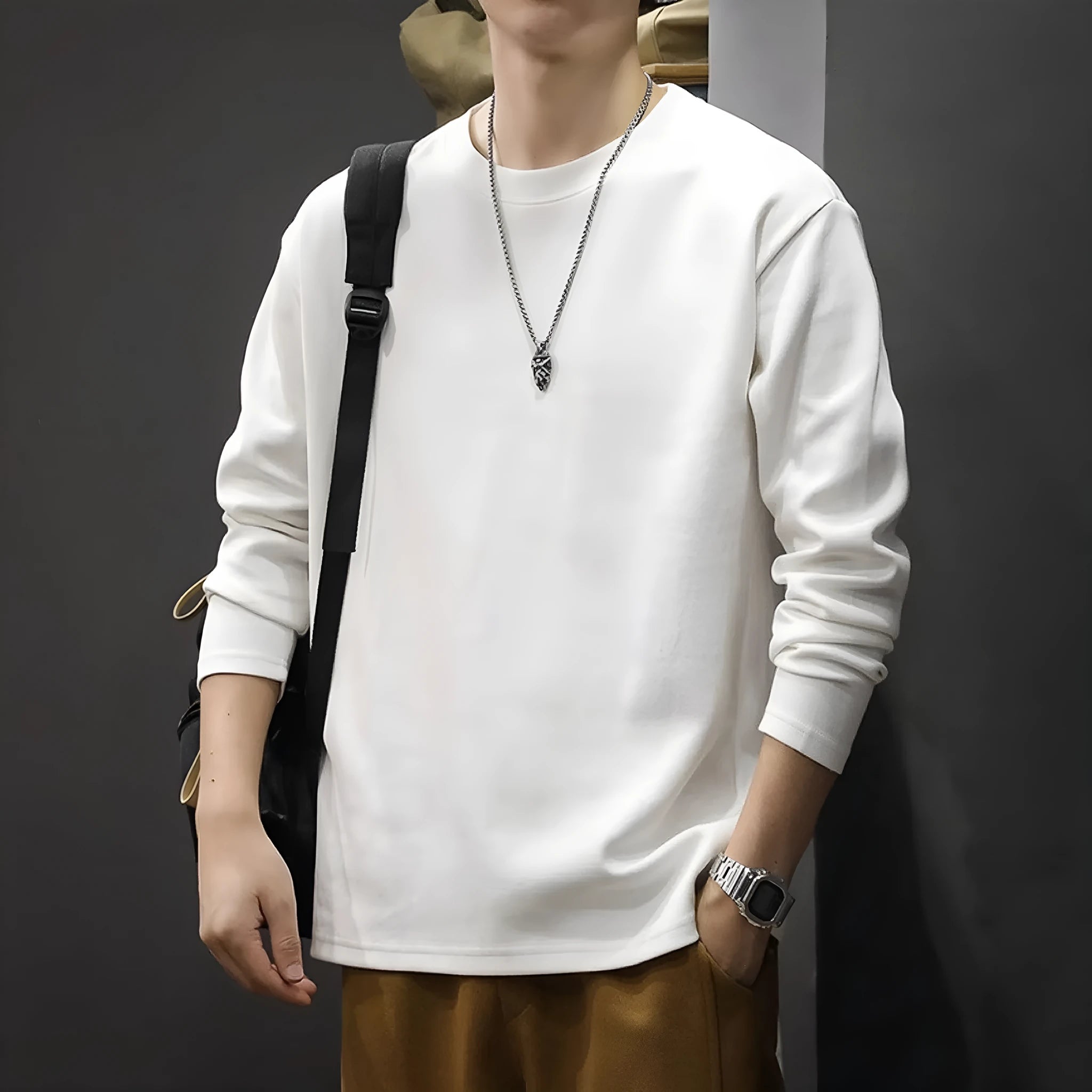 Men's round neck thickened pure cotton solid colour long sleeve bottoming shirt loose fit daily undershirt