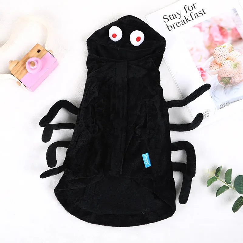 Spider pattern Halloween dog costume in polyester fabric available in sizes S, M, and L