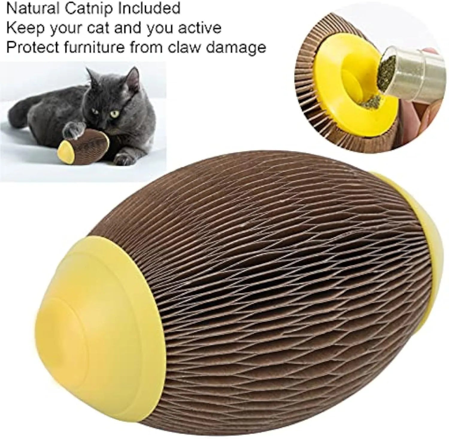 Elliptical catnip scratch football toy made from recycled corrugated paper