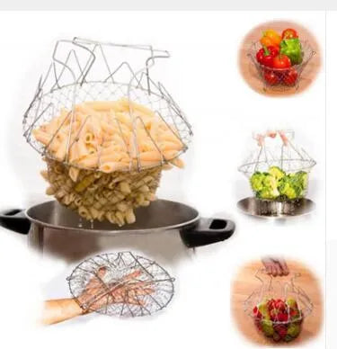 23cm square stainless steel foldable deep fry basket with mirror finish