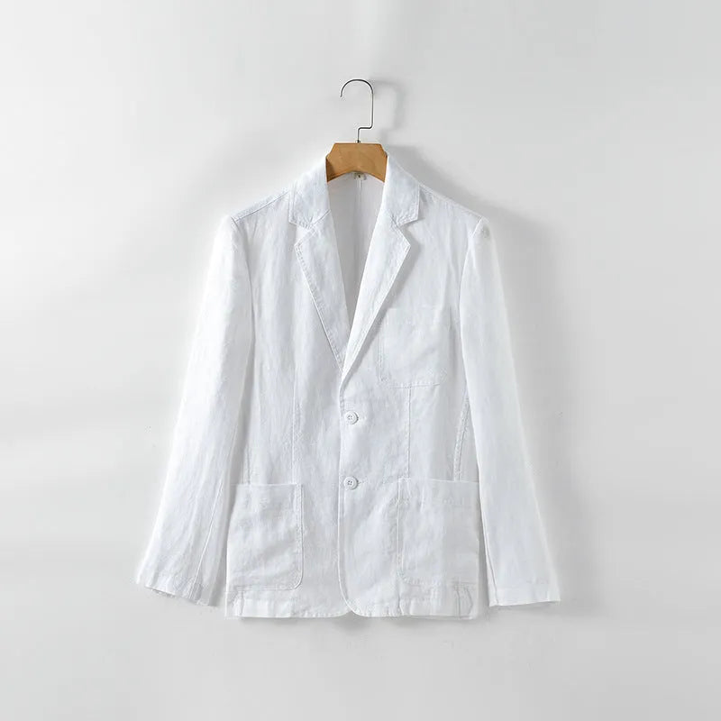 Men's thin linen suit coat in a solid colour with a stick pocket on the chest.