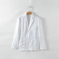 Men's thin linen suit coat in a solid colour with a stick pocket on the chest.
