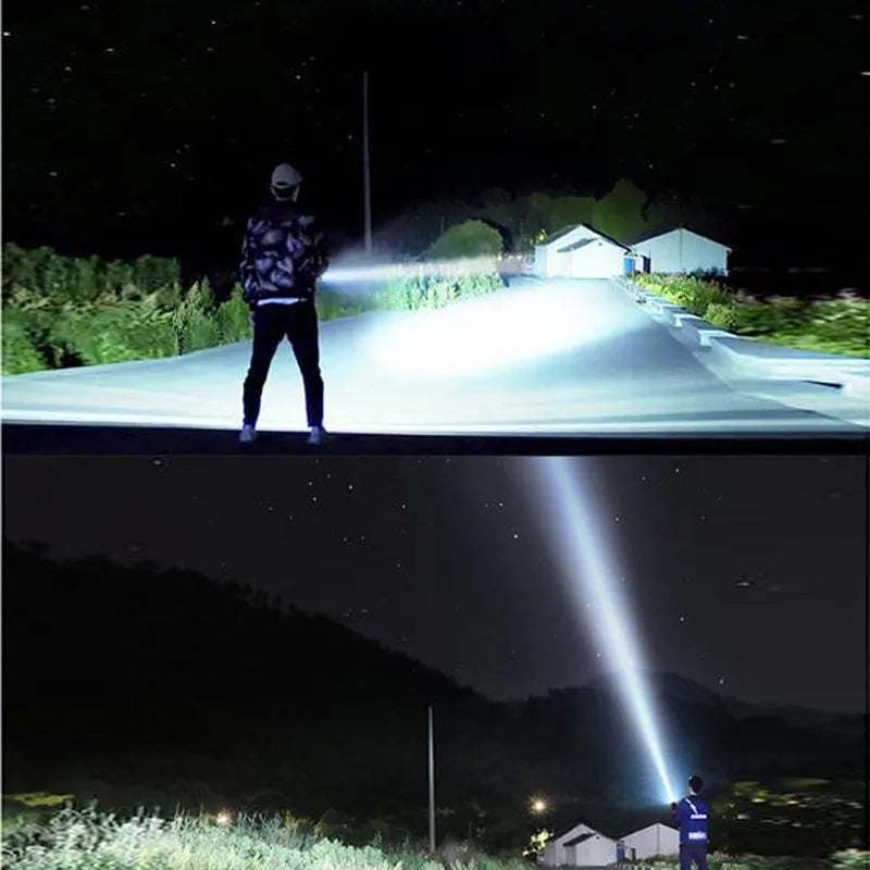 Black aluminium alloy tactical LED torch with 55mm head showing six dimming modes and USB charging port
