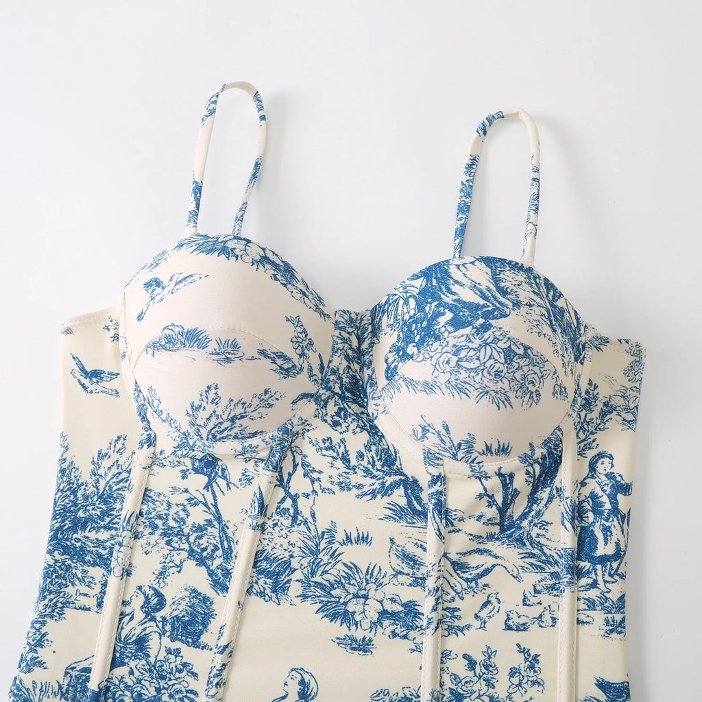 Women's blue patterned one-piece swimsuit with matching gauze skirt swimwear set