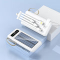 Cool black and ivory white solar power bank with integrated solar panel and multi-interface charging cable