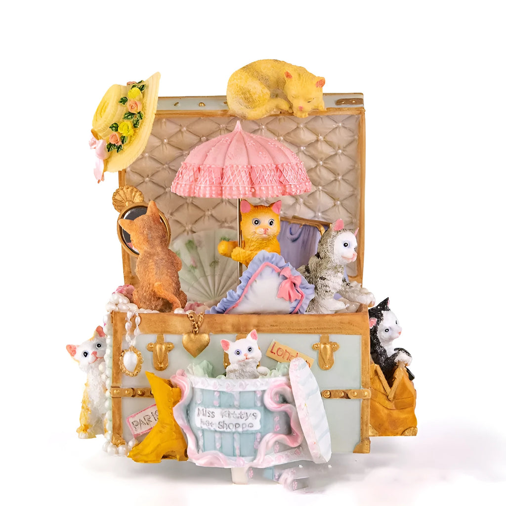 Cold porcelain European style cat jewellery box music box with rotating snowflake illumination