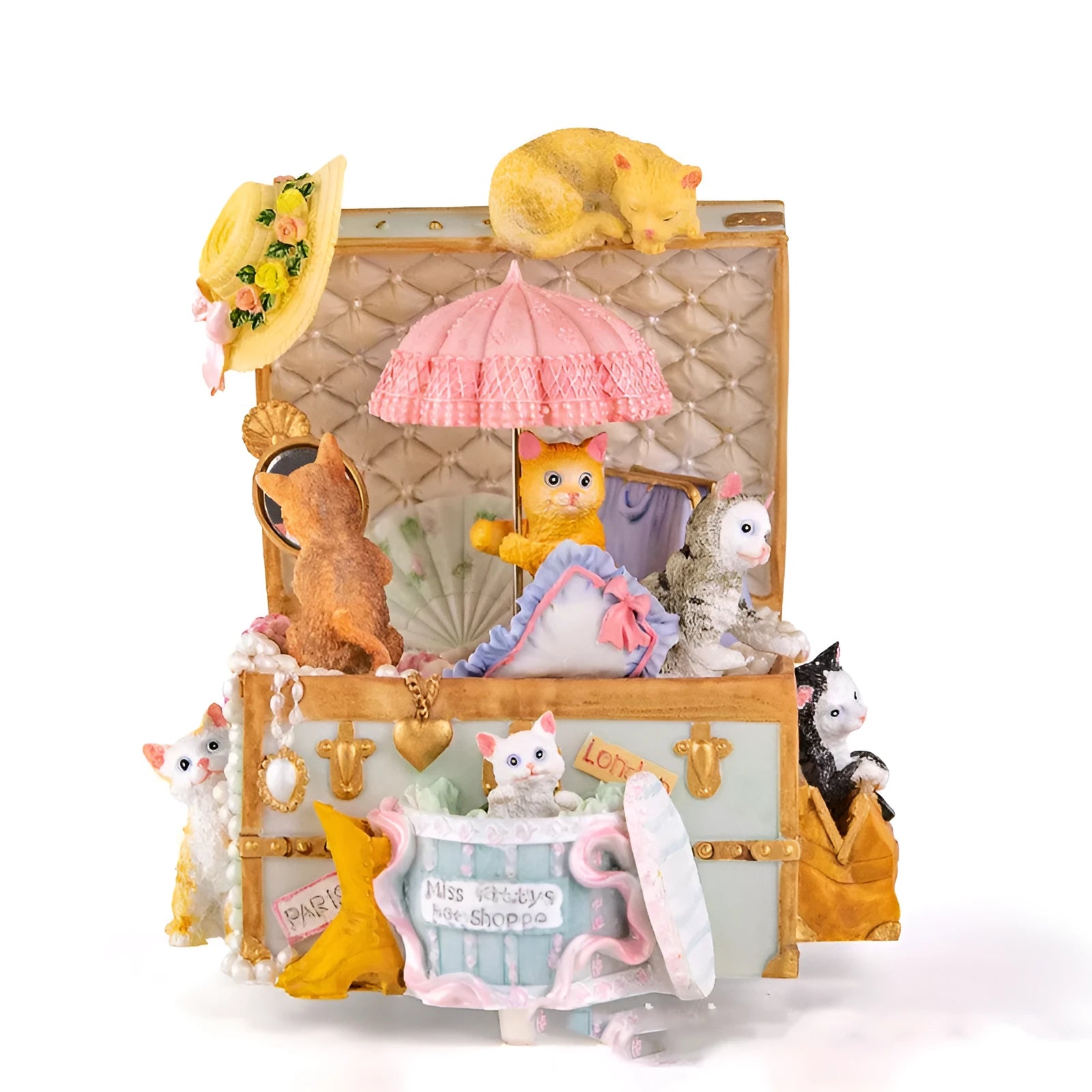 Cold porcelain European style cat jewellery box music box with rotating snowflake illumination