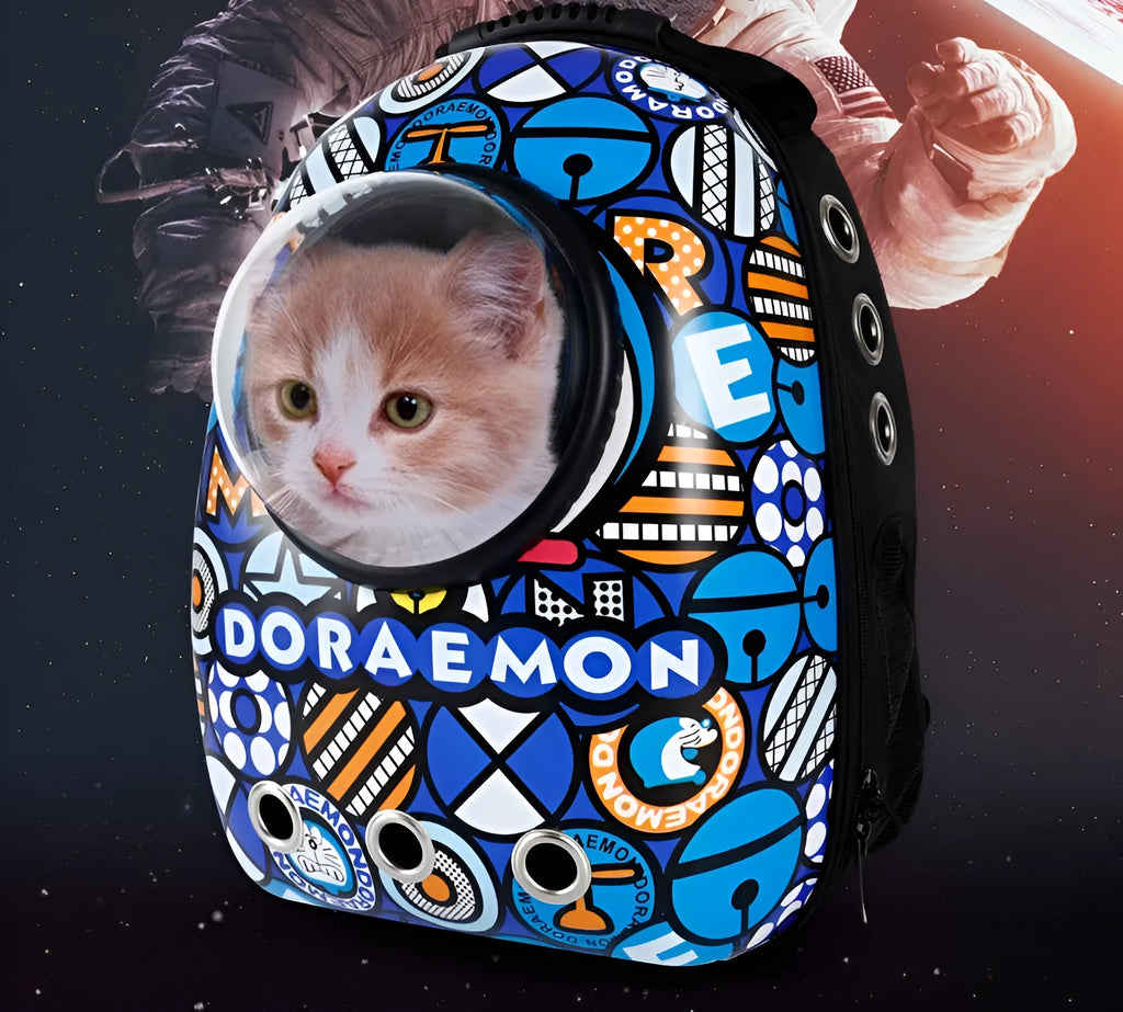 Space capsule pet carrier bag with transparent PC front and Oxford fabric body in blue or patterned finish