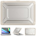 MacBook protective shell case shown in cool black, starry sky grey, elegant apricot, and sapphire blue colours.