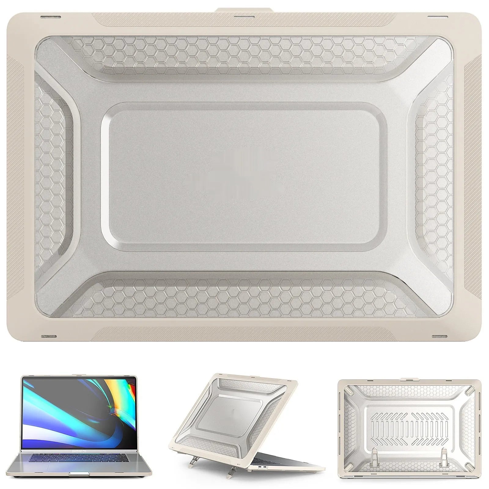 MacBook protective shell case shown in cool black, starry sky grey, elegant apricot, and sapphire blue colours.