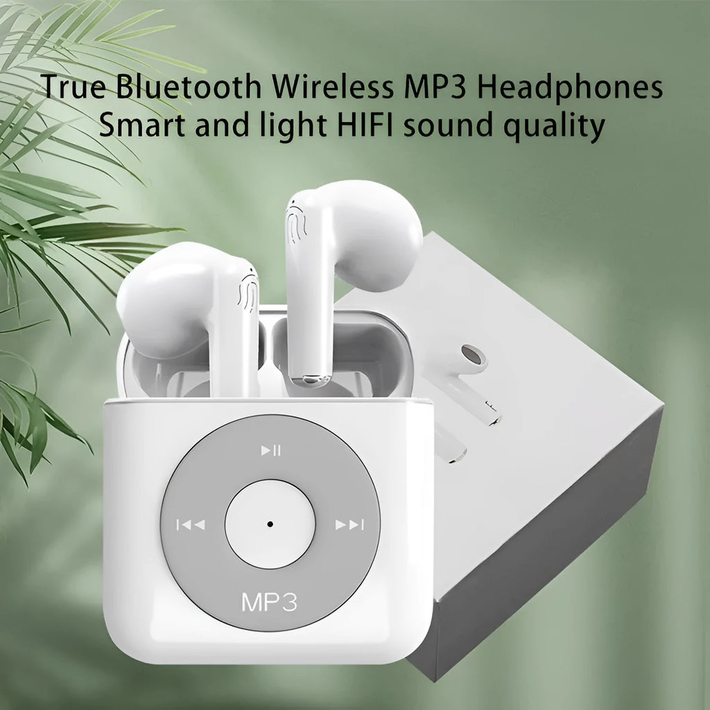 White wireless Bluetooth earphones with a semi-in-ear design and a matching charging case.