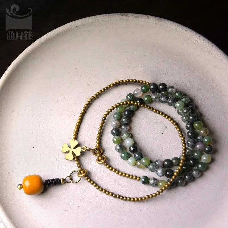 Children's ethnic bracelet with multi-layered retro design made from natural crystal or semi-precious stones