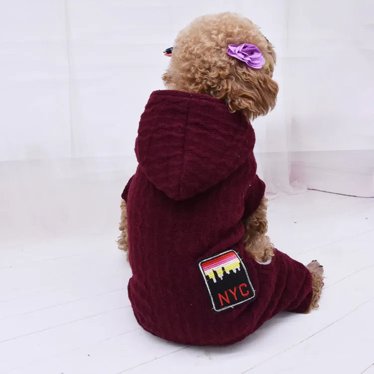 Four-legged wool pet jumper with velvet lining in green, grey, or red, sizes S to XXL