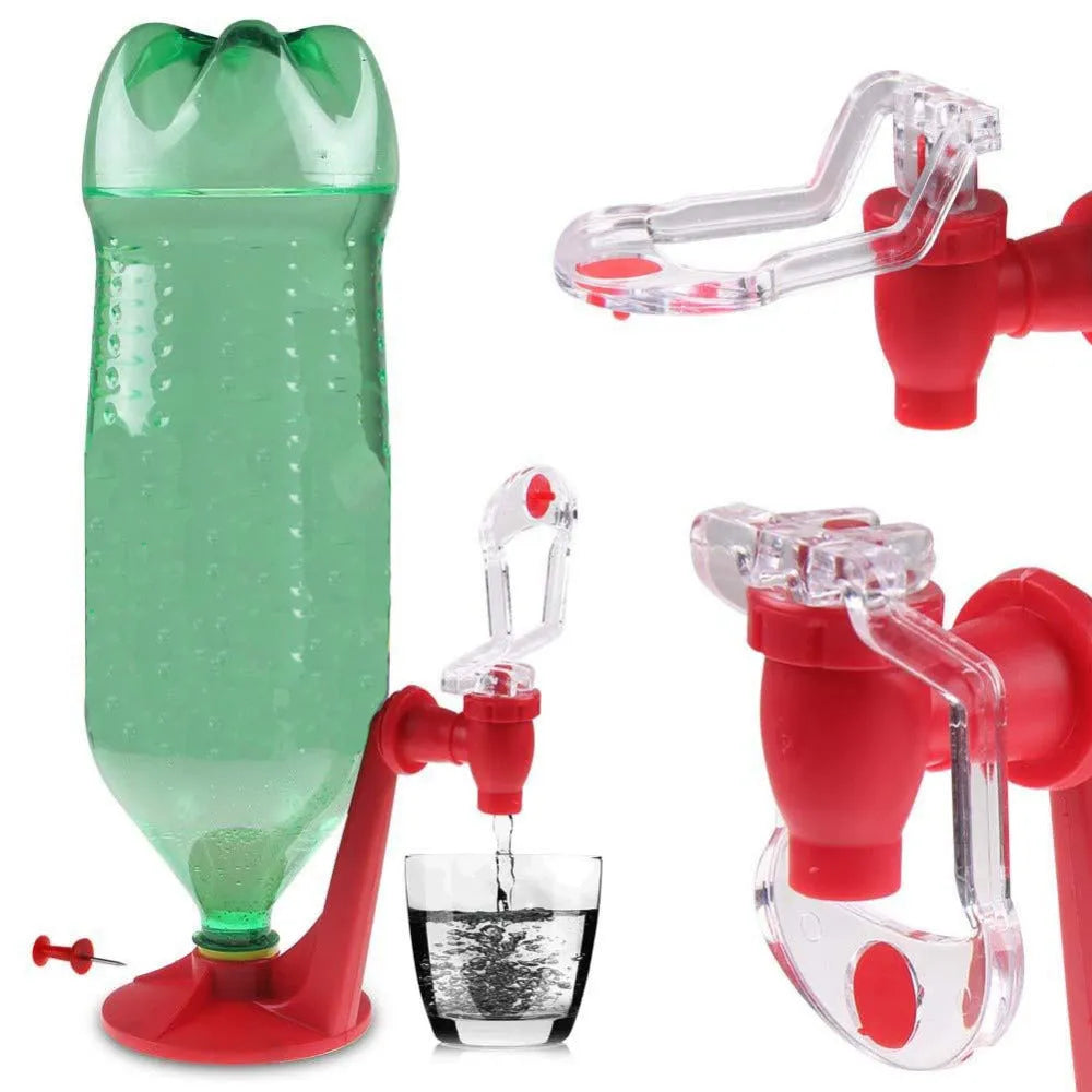 Red plastic Magic Tap soda dispenser attached to 2-liter bottle showing push-in tap mechanism