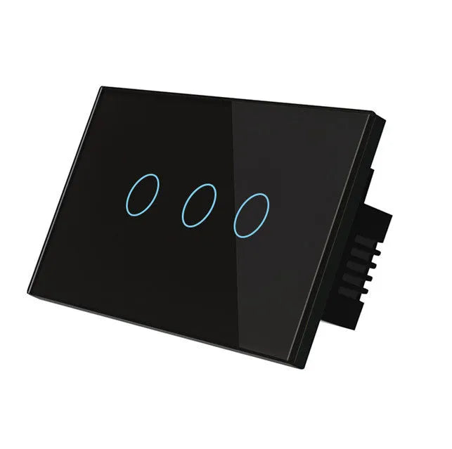 White 2-gang RF remote control touch light switch with tempered glass panel.