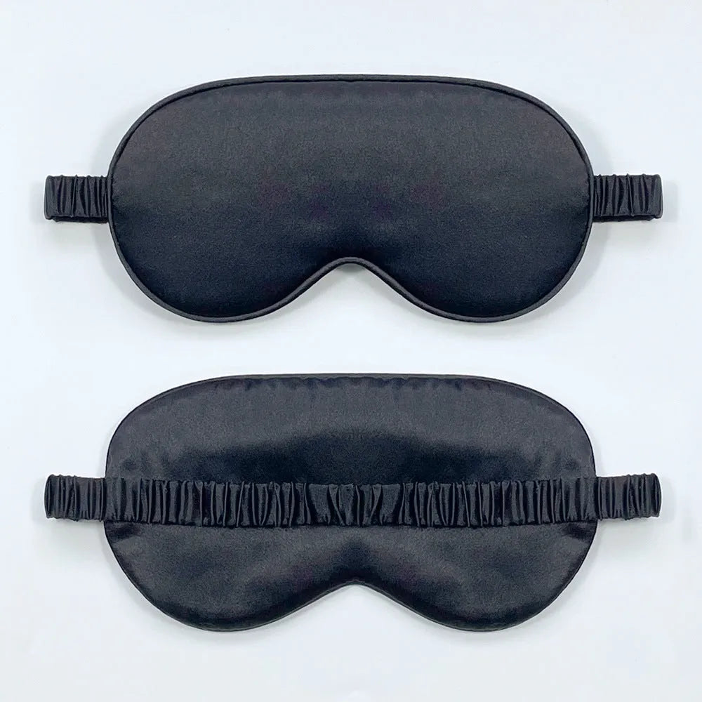 Double-sided silk-like eyeshade in rayon elastic satin shown in multiple colour options including black, beige, and wine red