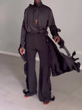 Men's black polyester hollow cut out shirt and high waist pants suit set for daily wear