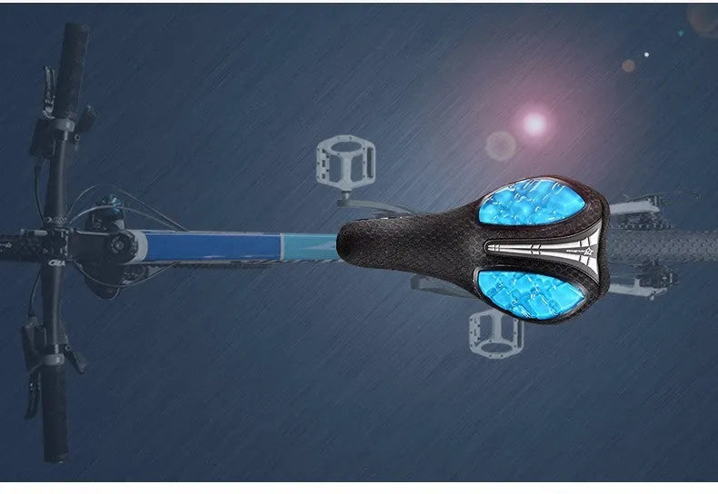 Bicycle gel saddle cover in blue with grid pattern and adjustable drawcord