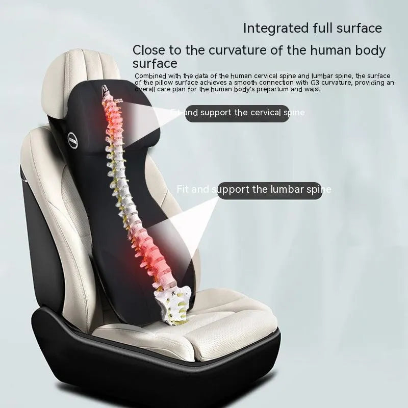 Black memory foam car cushion with integrated headrest and lumbar support pillow
