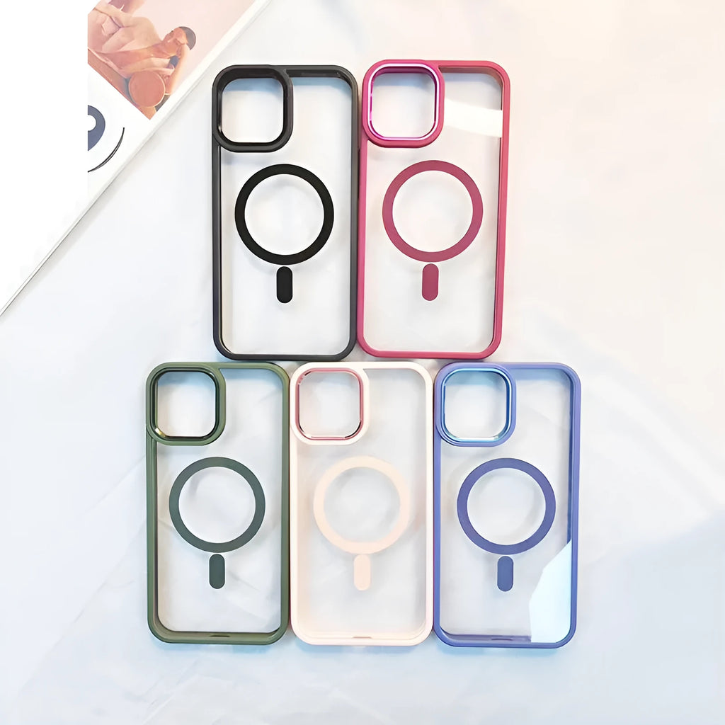Magnetic transparent silicone phone case for iPhone on a MagSafe charger, showing clear back and coloured bumper.