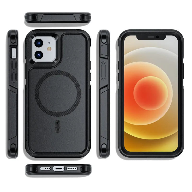 Black shatterproof magnetic phone case for iPhone 12 and 13 series on a table
