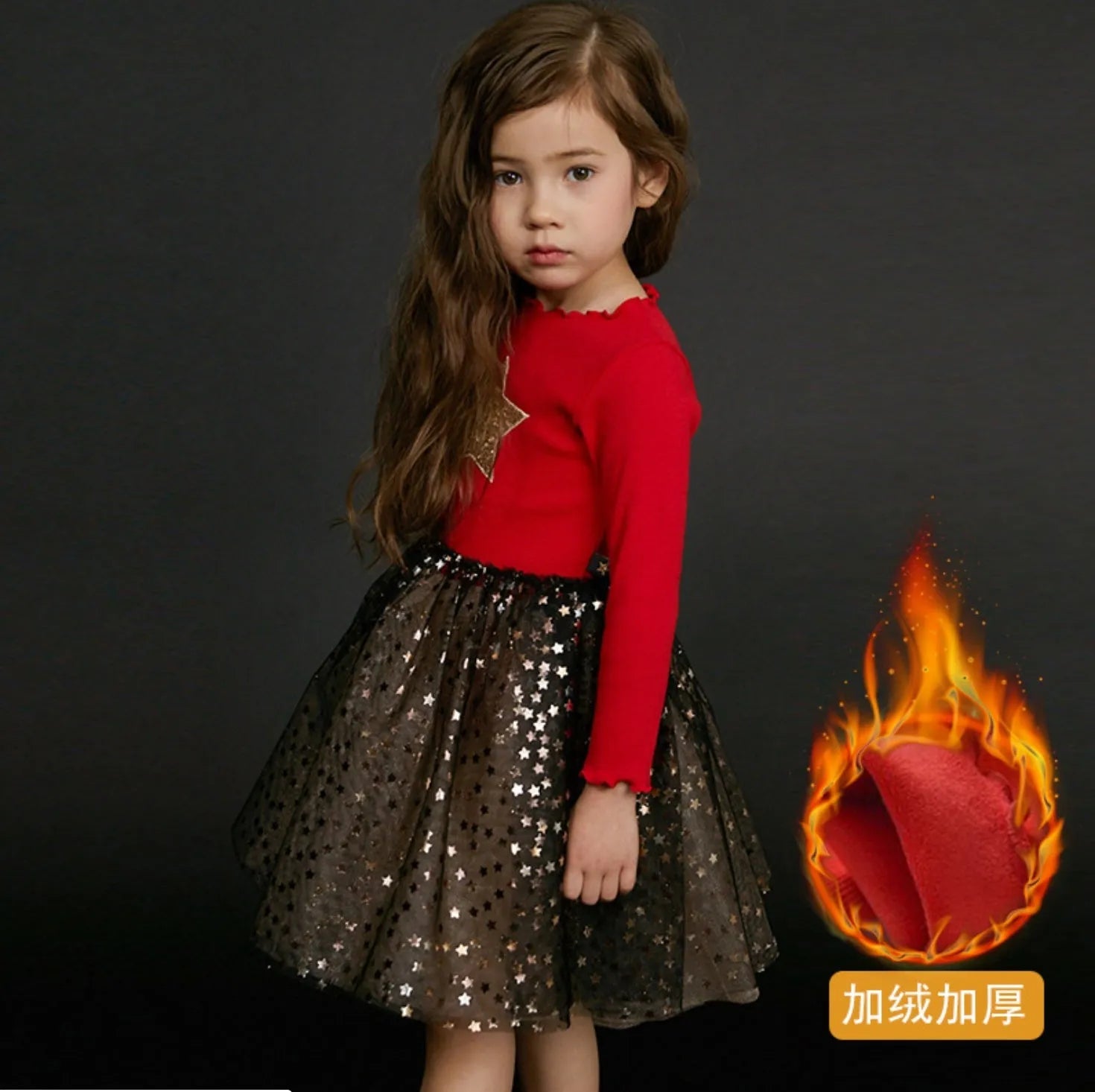Red cotton children's Christmas dress with long princess sleeves, lace detailing, and bow accents for ages 3-8