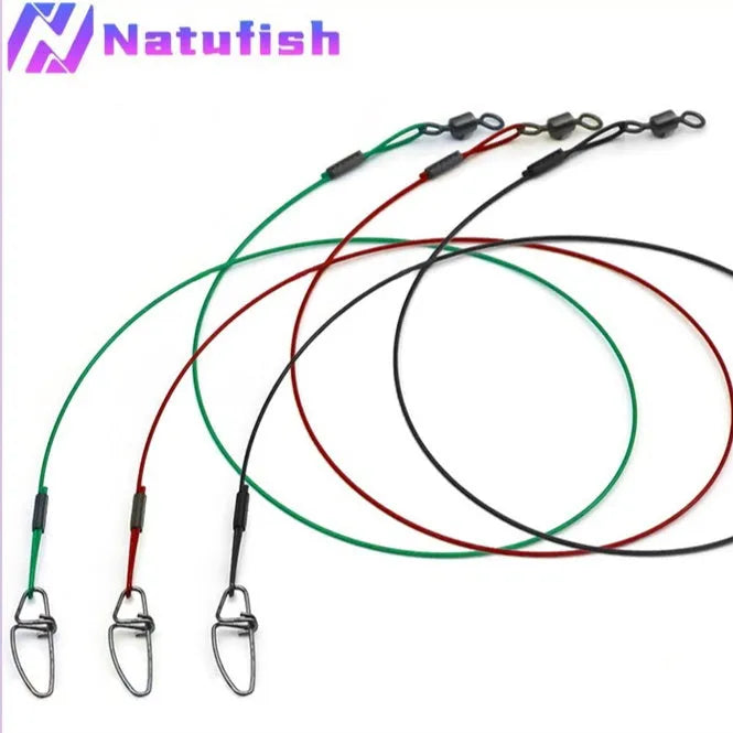 Set of steel wire fishing leaders in black, green, and red with double buckle pins.
