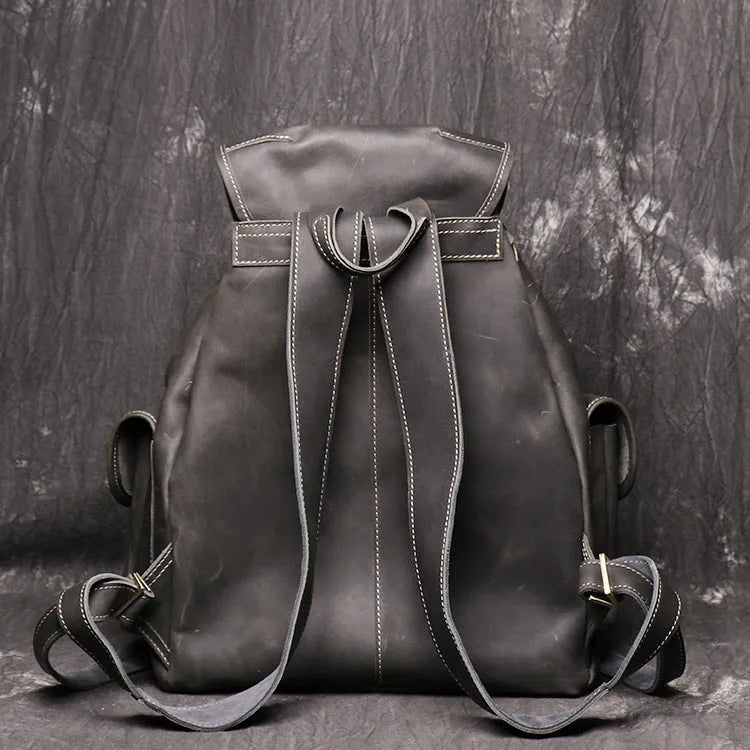 Women crazy horse leather backpack oval shape black brown drawstring buckle flap pockets first layer cowhide