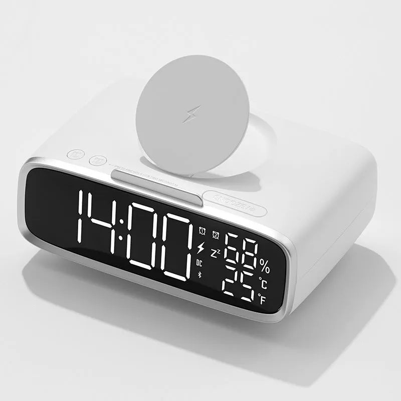 White round Bluetooth speaker wireless charger alarm clock with night light on bedside table