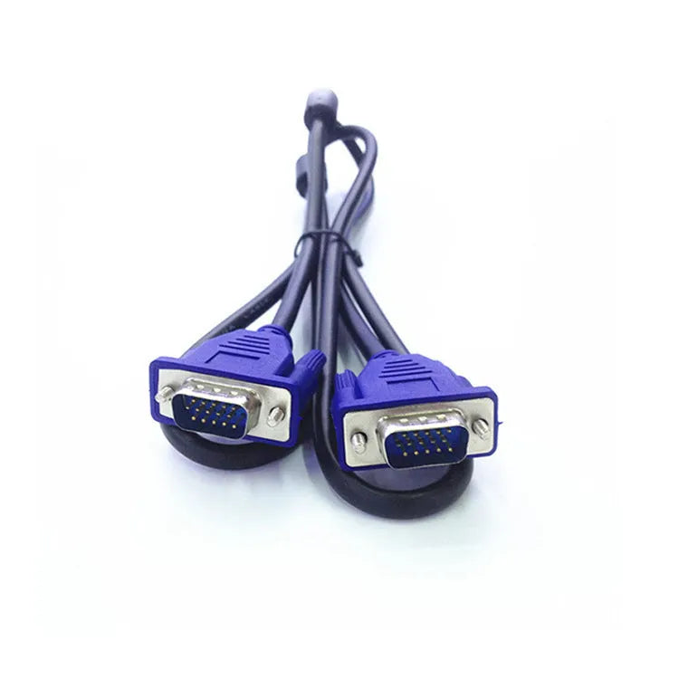Black VGA cable with blue connector heads, 1.5 metre length for computer to monitor video connection