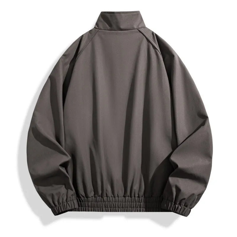 Men's loose stand collar jacket, long sleeve polyester blend casual jacket in black brown camel coffee or gray green