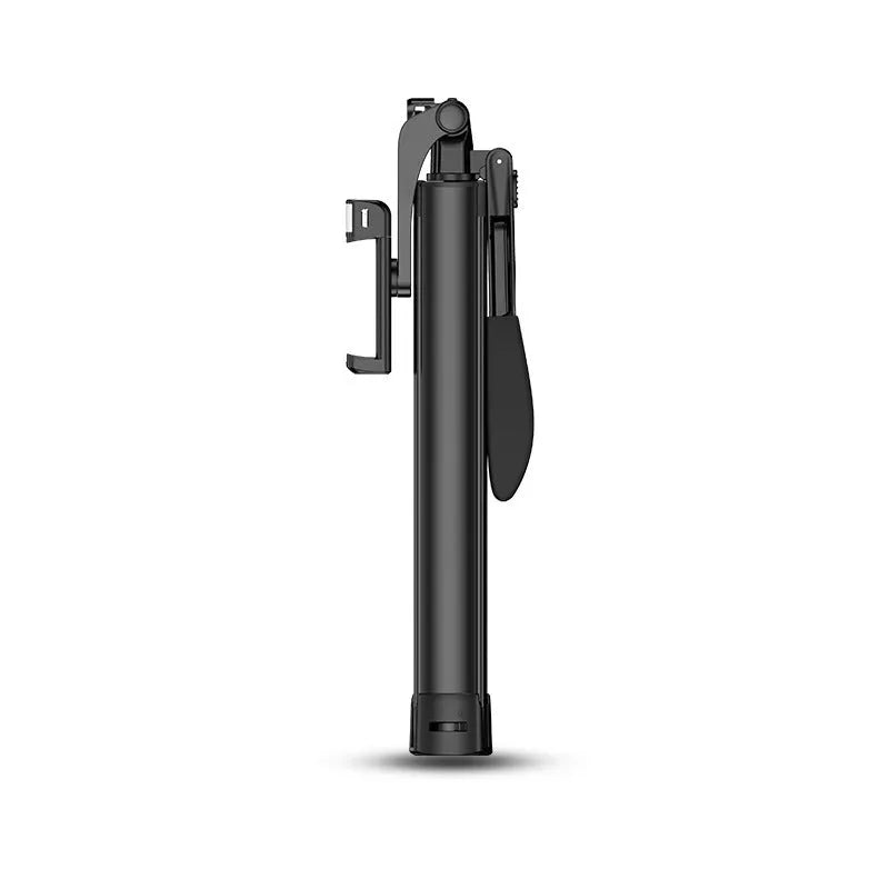 Black aluminium Bluetooth selfie stick and tripod with remote control extended to different lengths