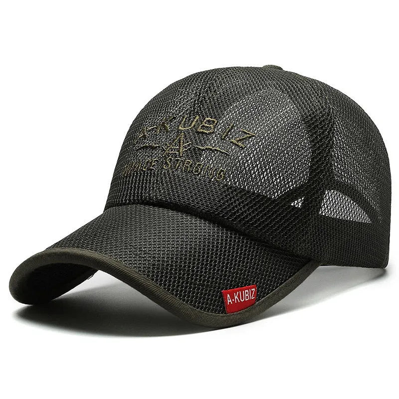 Men's adjustable mesh baseball cap in army green with a dome crown, shown on a solid background.
