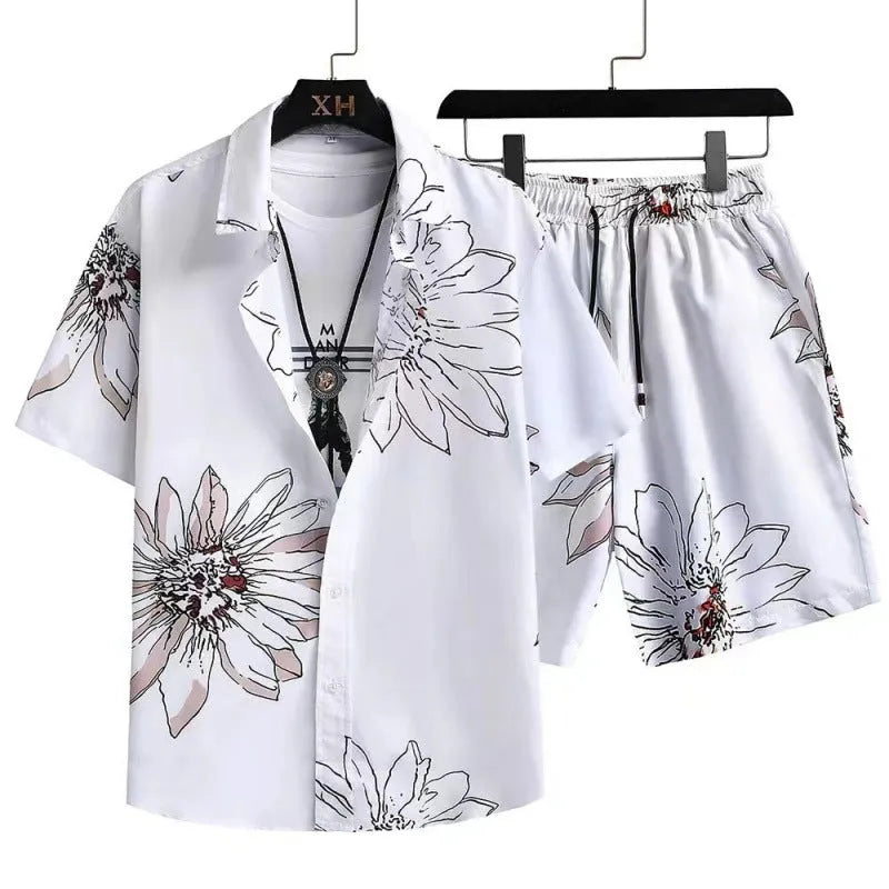 Men's short sleeve cardigan and matching shorts set with a digital pattern, shown in colour Suit 52.