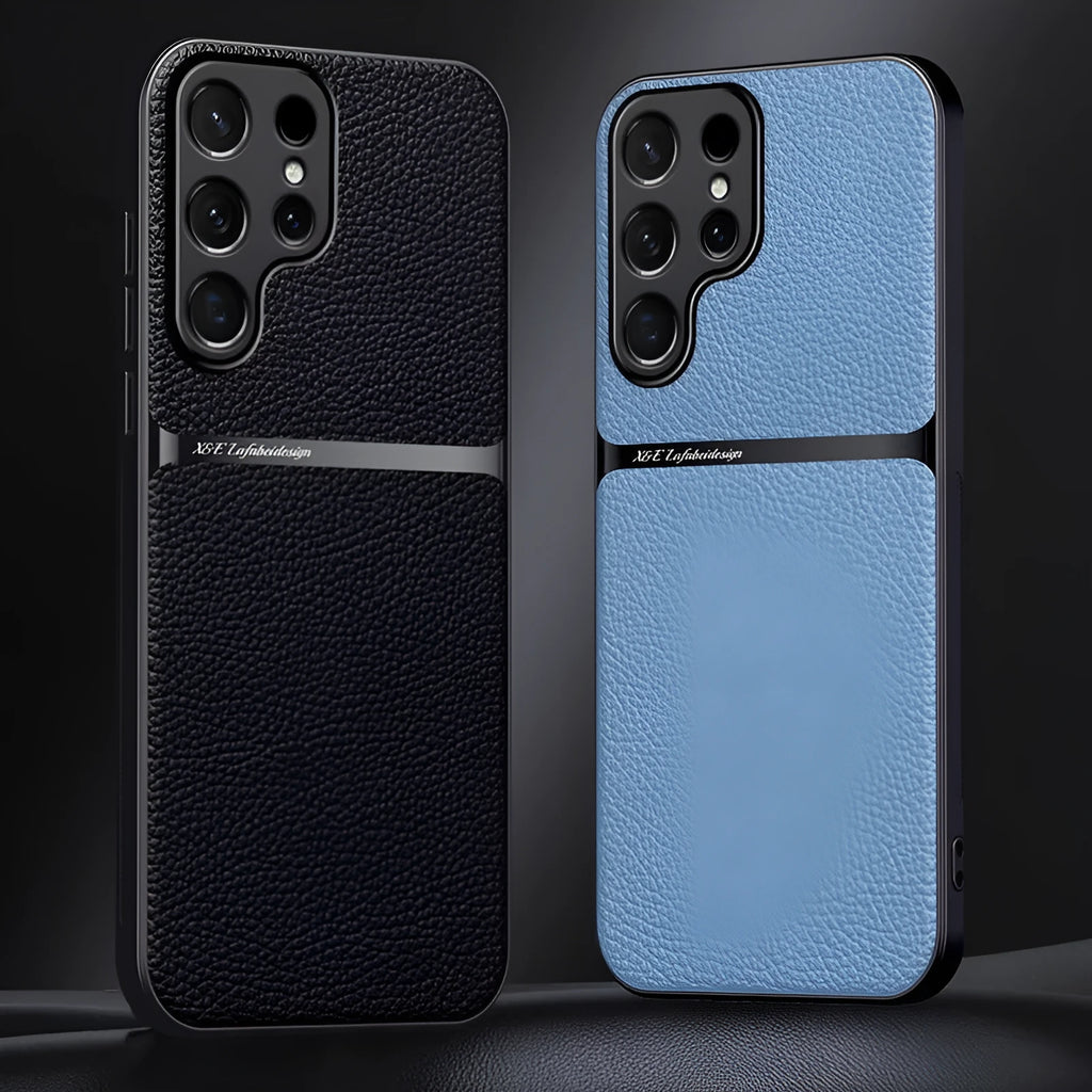 Litchi leather pattern Samsung phone case with embossed plaid design and magnetic anti-fall cover in Still Night Black.