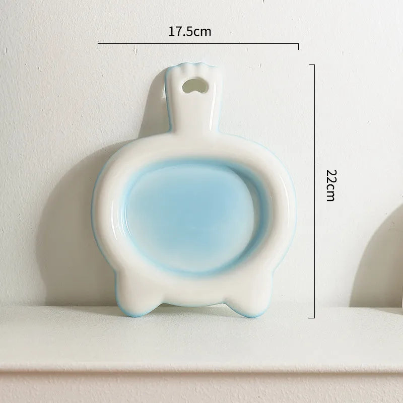 Ceramic cat bowl in blue colour with shallow dish design for pet feeding