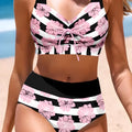 Women's black printed belly covered slimming split bikini for swimming