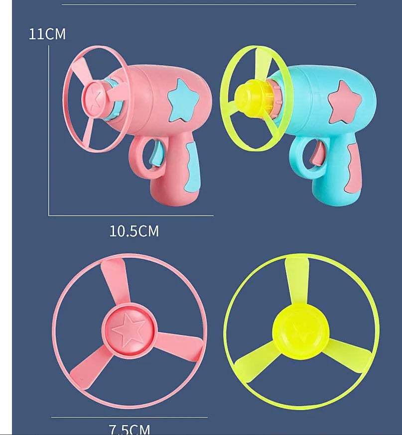 Blue and yellow LED light-up flying saucer launcher toy set with plastic gun and three discs.