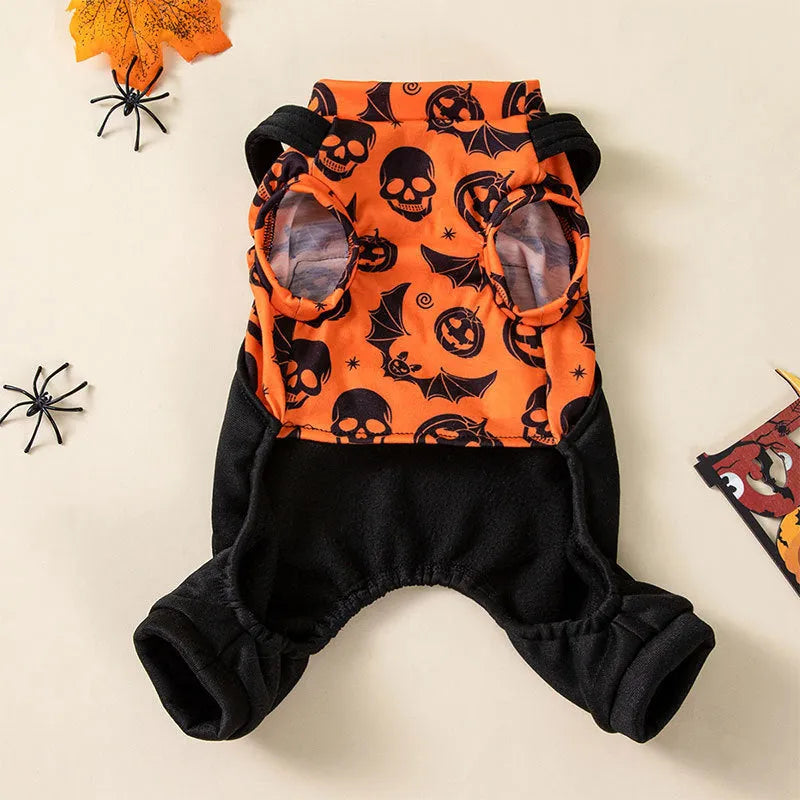Halloween pet dog costume in polyester with creative print, available in two colours and sizes XS to XL.