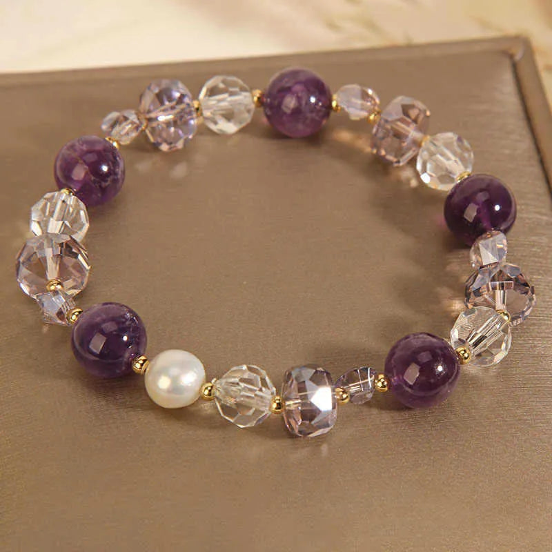 Women's electroplated artificial amethyst bracelet with four-leaf clover pendant and U-shaped bangle design