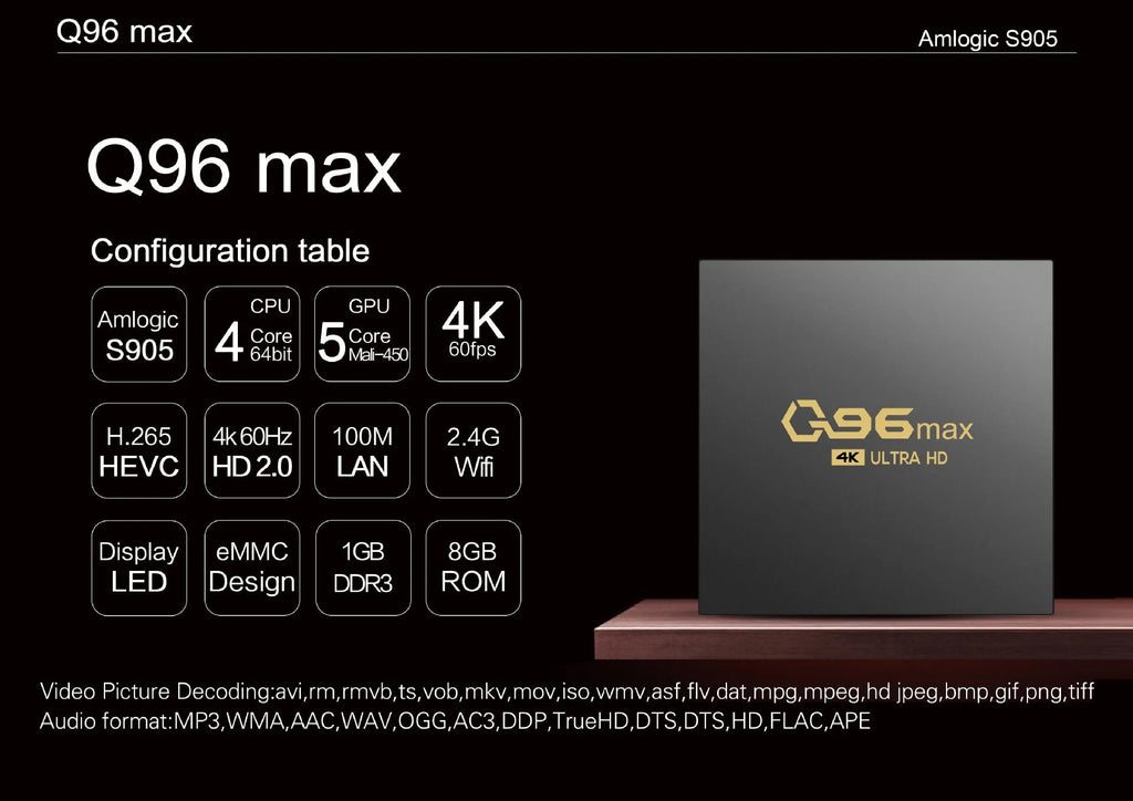 Q96 MAX Android TV box set-top box with remote control and HDMI cable for 4K streaming